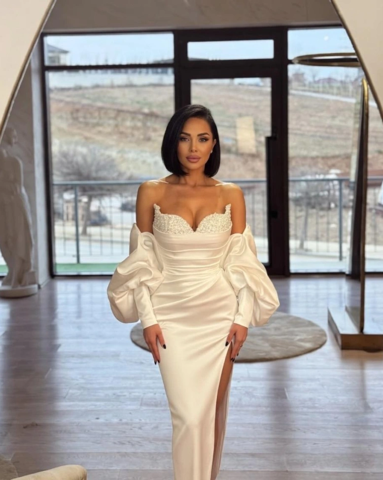 Rochia lunga Mirandra Alb tafta bust cu paiete