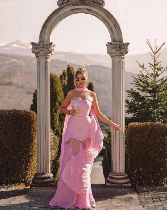 Rochie maxi Tulum top corset cu fusta Roz