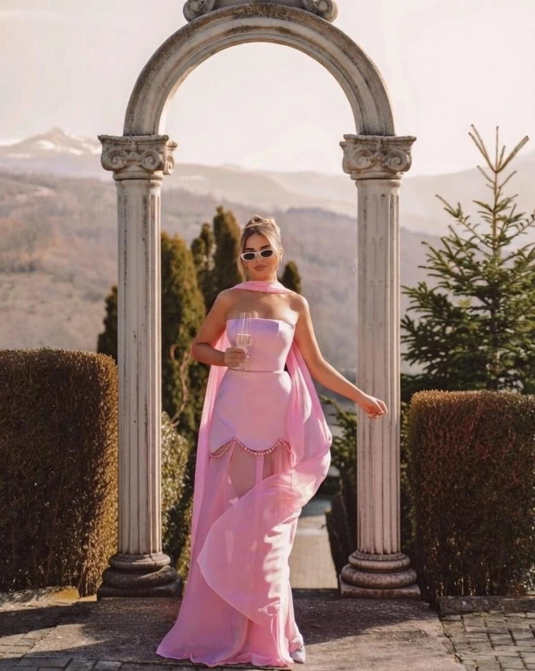 Rochie maxi Tulum top corset cu fusta Roz