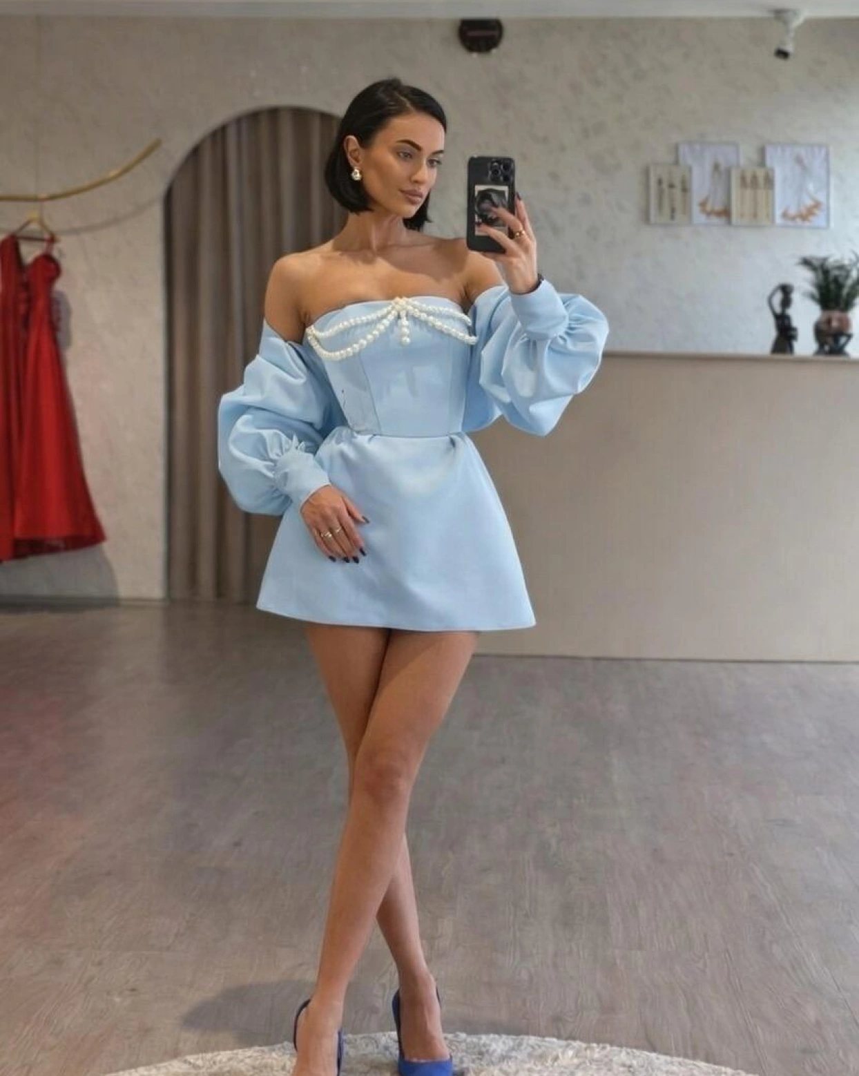 Rochia mini Merra Bleu cu maneci bufante 