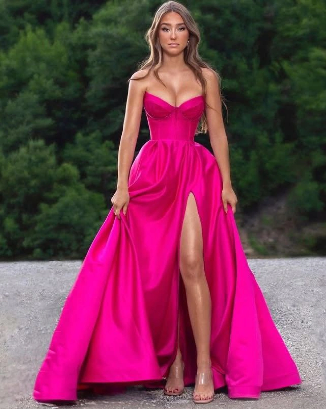 Rochie lunga Glamour Fuchsia tafta elastica