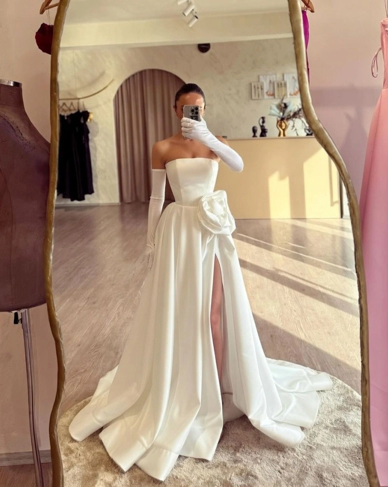 Rochie lunga Brianna Alb tafta fixa floare decorativa talie