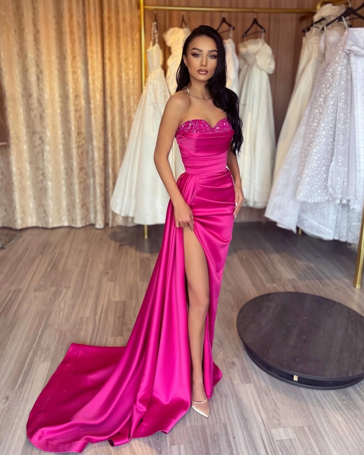 Rochie maxi Sabrinna Fuchsia tafta elastica cambrata bust cu paiete