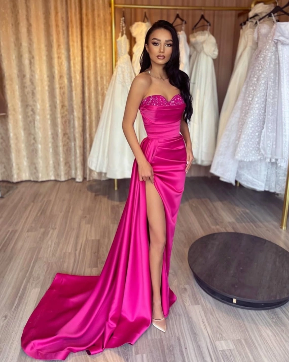 Rochie maxi Sabrinna Fuchsia tafta elastica cambrata bust cu paiete