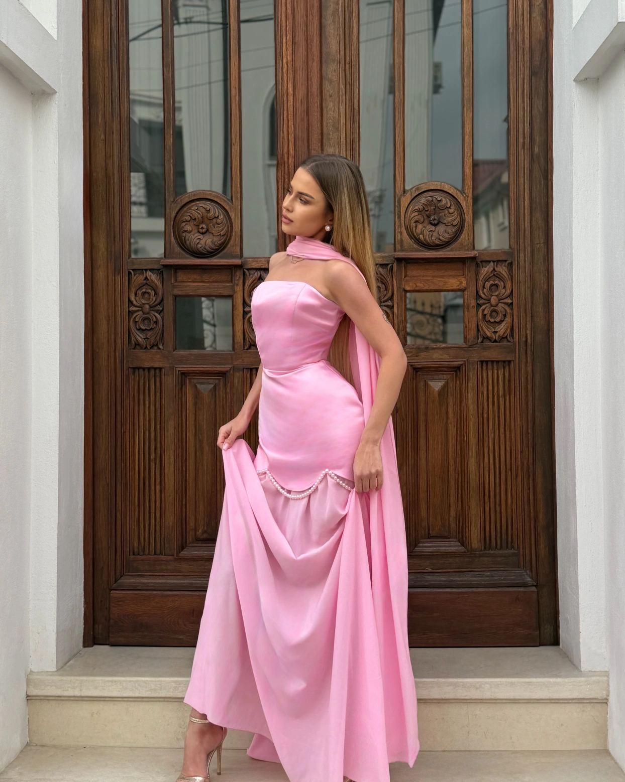 Rochie maxi Tulum top corset cu fusta Roz