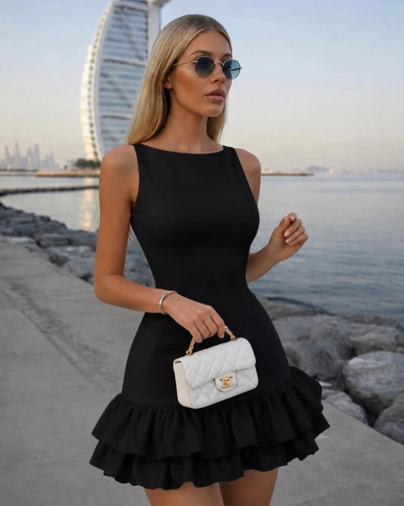 Rochie mini Elysia Negru cu volane