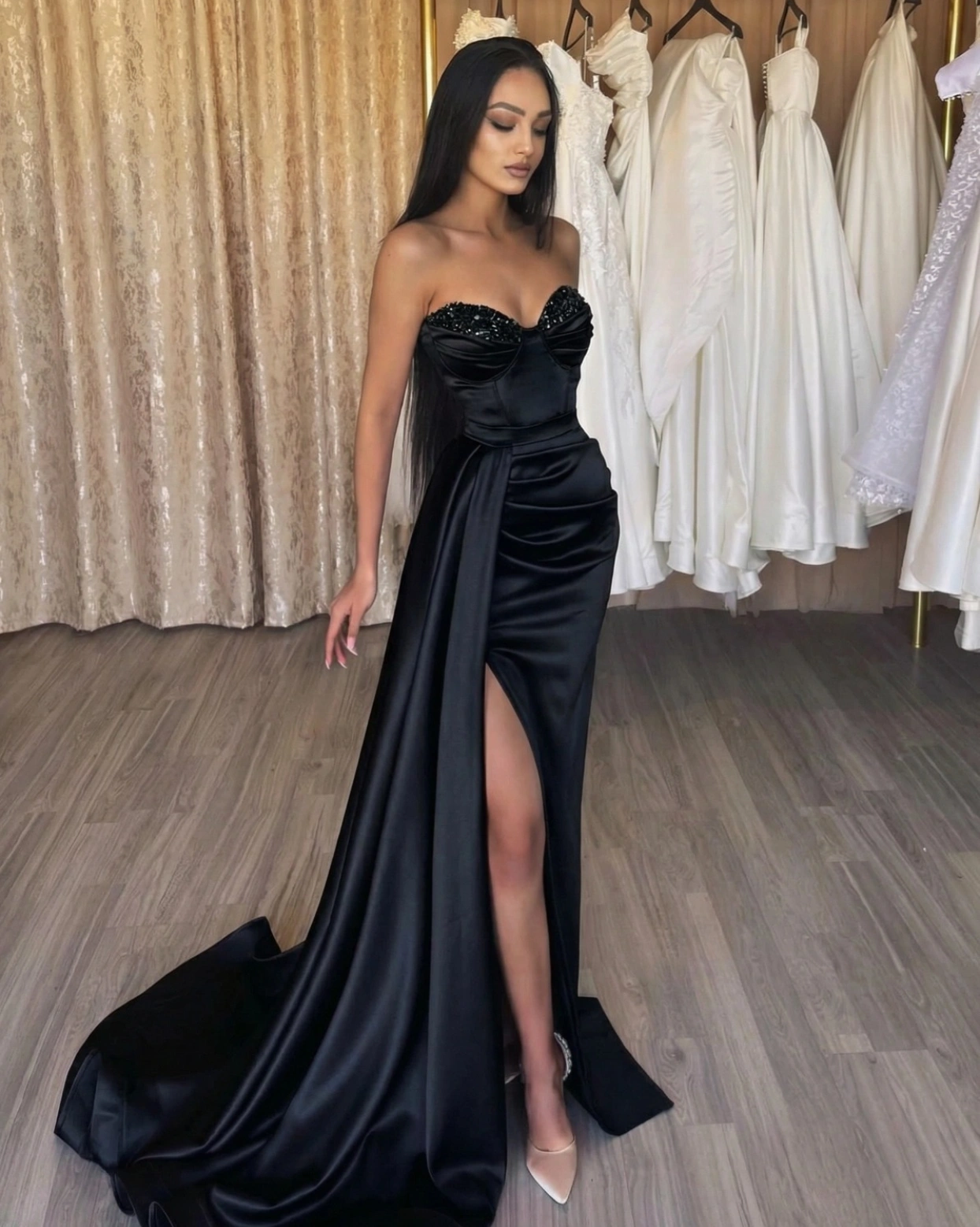 Rochie lunga Hermes Negru tafta bust cupe cu paiete