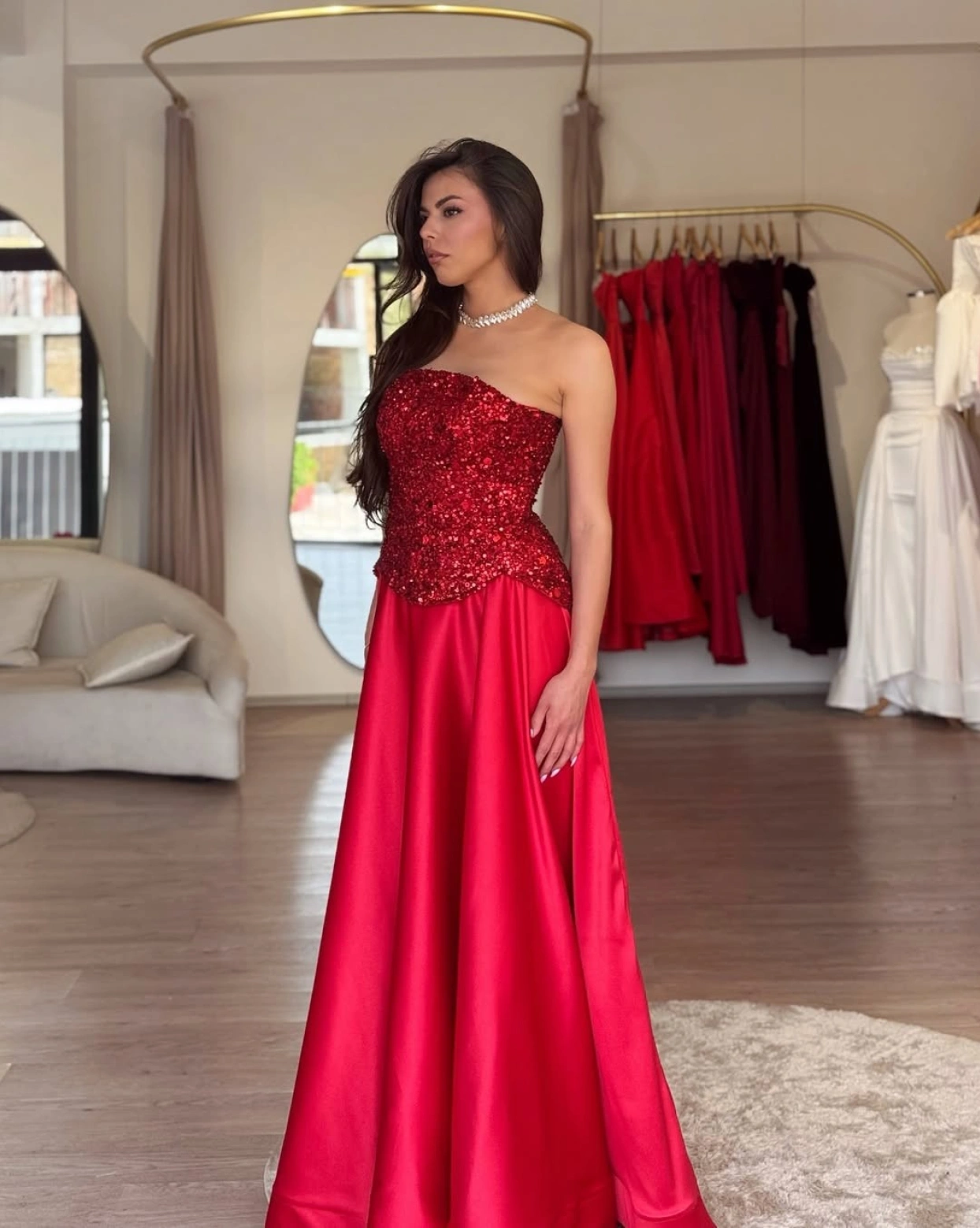 Rochie maxi Velmira Rosu top corset cu fusta 