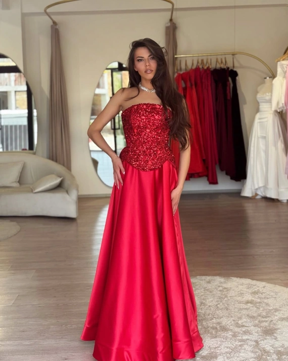 Rochie maxi Velmira Rosu top corset cu fusta 