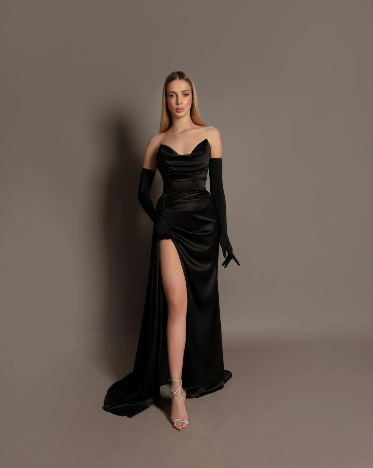 Rochie lunga Silvie Negru tafta cambrata