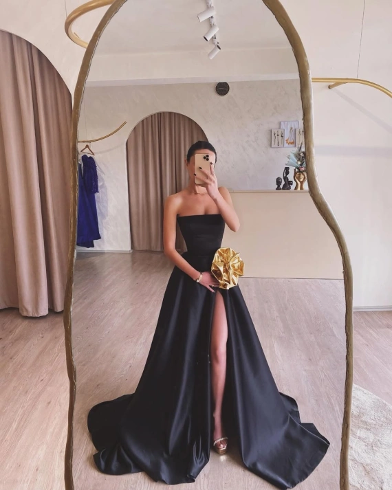 Rochie lunga Kara Negru tafta fixa floare decorativa talie