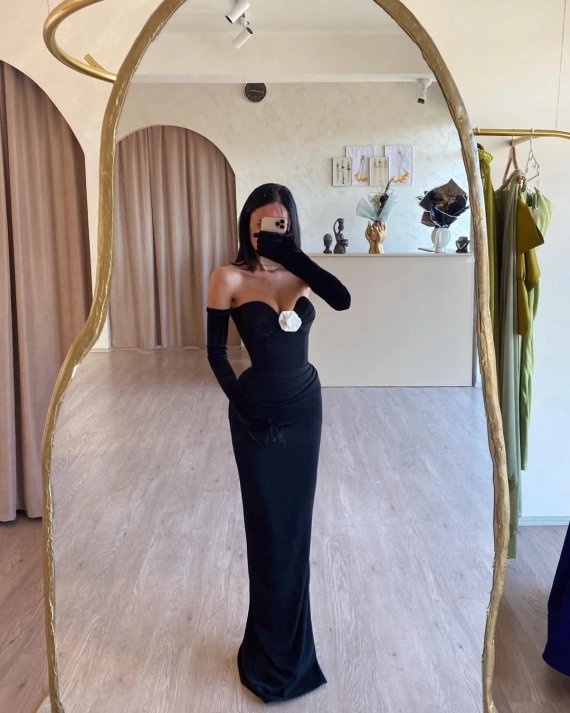 Rochie lunga Lorena Negru floare bust