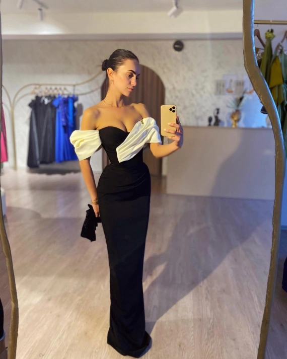 Rochie lunga Yarina Negru esarfa tafta elastica alba bust