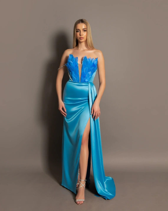 Rochie lunga Valeria Bleu tafta elastica cambrata pene naturale