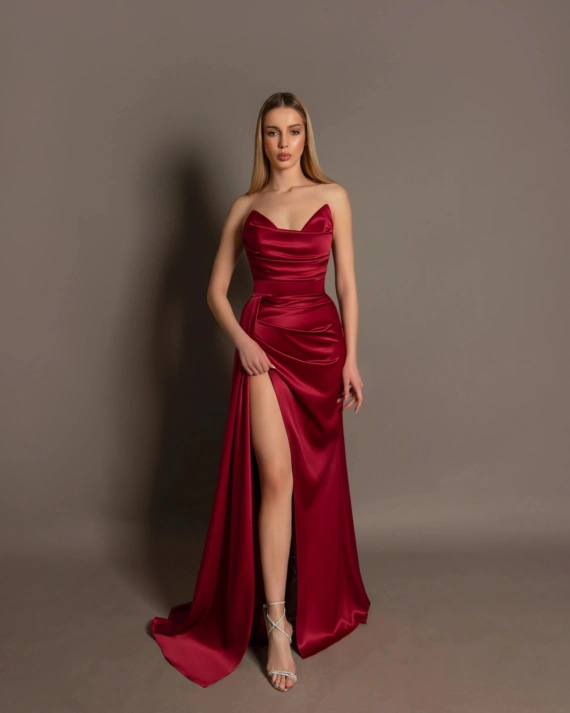 Rochie lunga Silvie Visiniu tafta cambrata