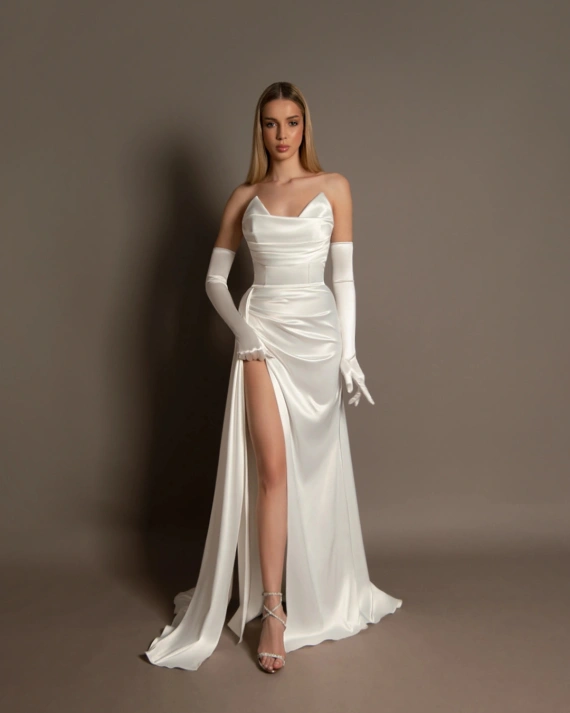 Rochie lunga Silvie Alb tafta cambrata