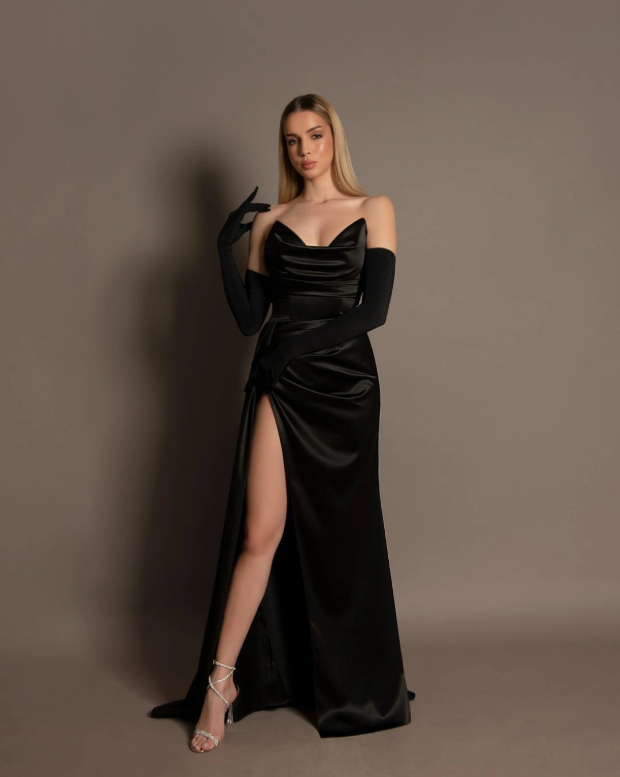 Rochie lunga Silvie Negru tafta cambrata