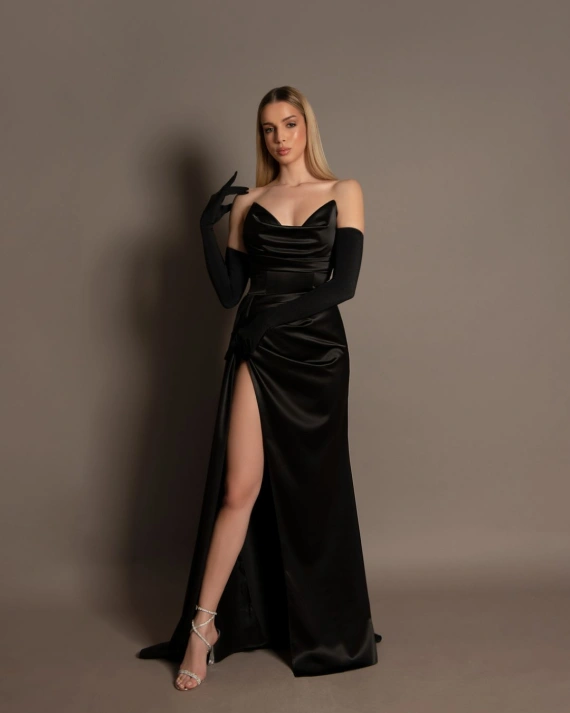 Rochie lunga Silvie Negru tafta cambrata