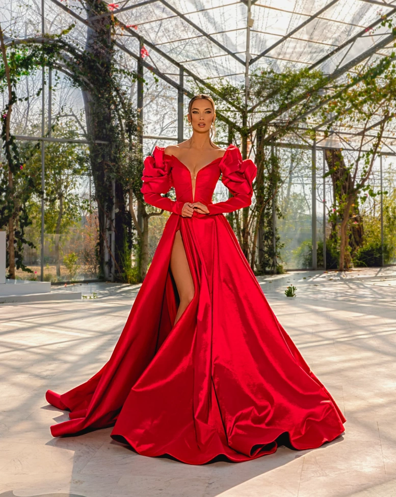 Rochie lunga Anemona Rosu tafta fixa maneci bufante