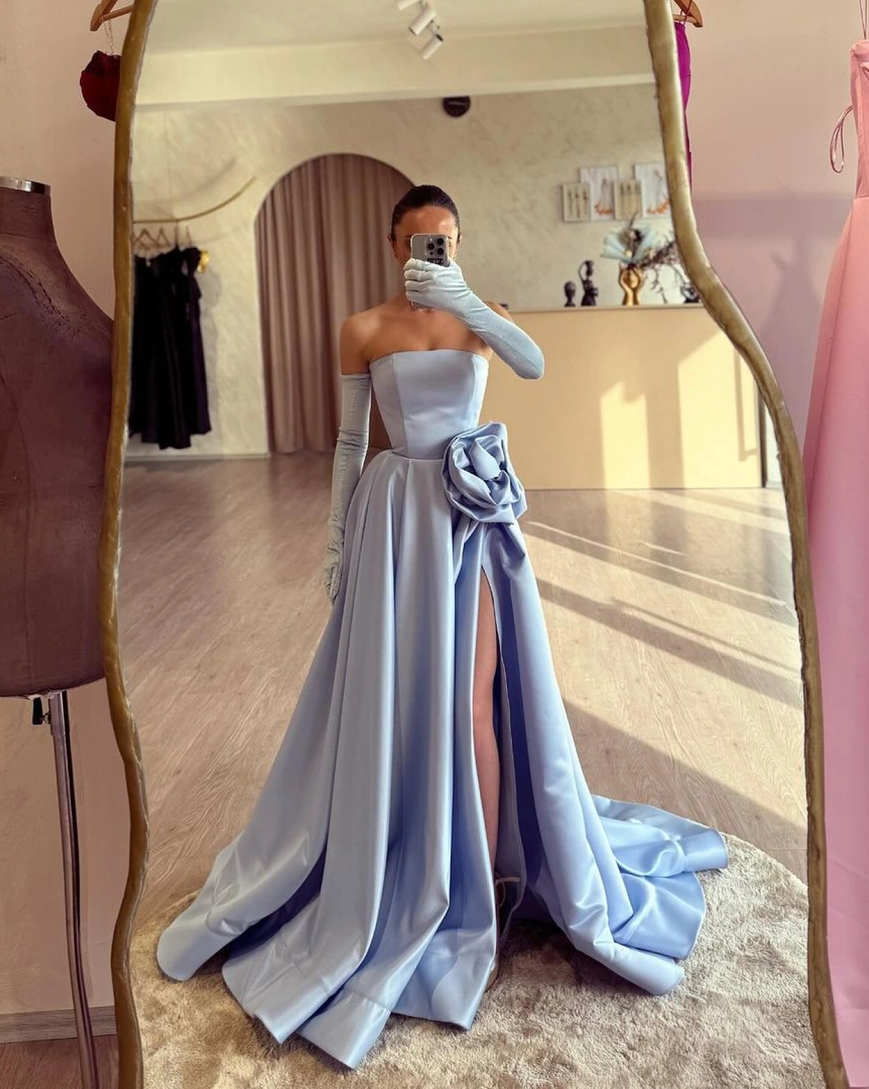 Rochie lunga Brianna Bleu tafta fixa floare decorativa talie