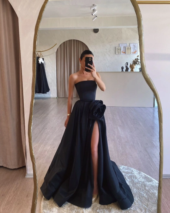 Rochie lunga Brianna Negru tafta fixa floare decorativa talie OUTLET