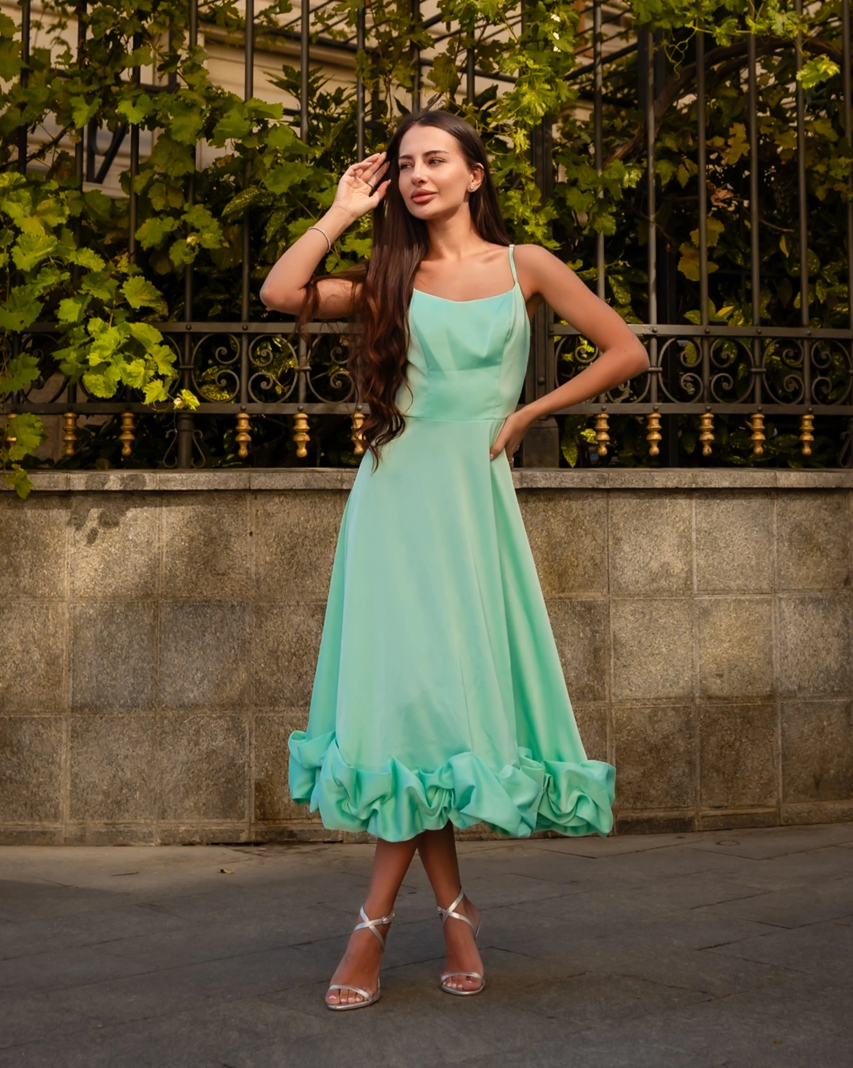 Rochie midi Juliana Mint bretele corset ajustabile