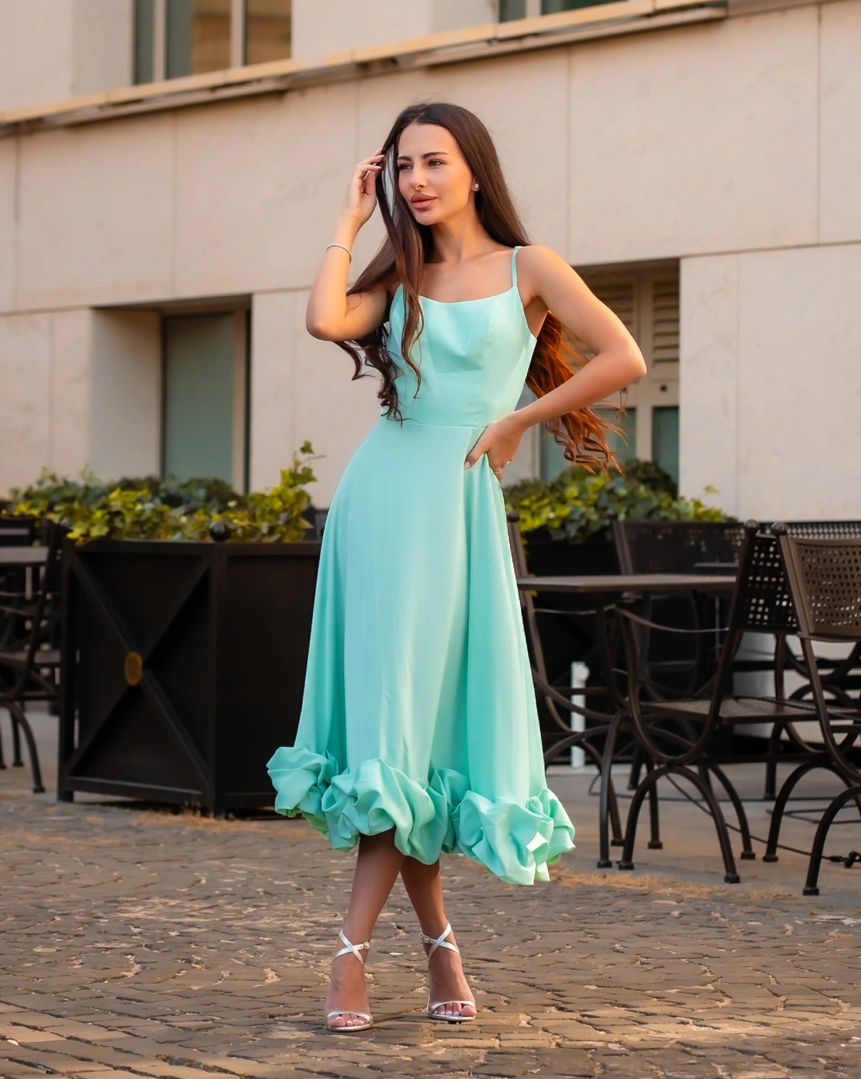 Rochie midi Juliana Mint bretele corset ajustabile