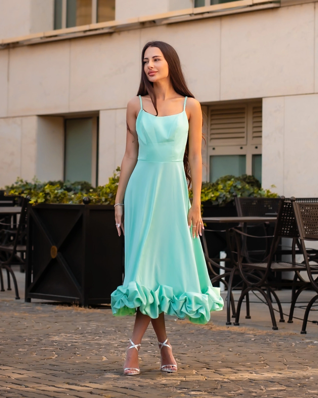 Rochie midi Juliana Mint bretele corset ajustabile