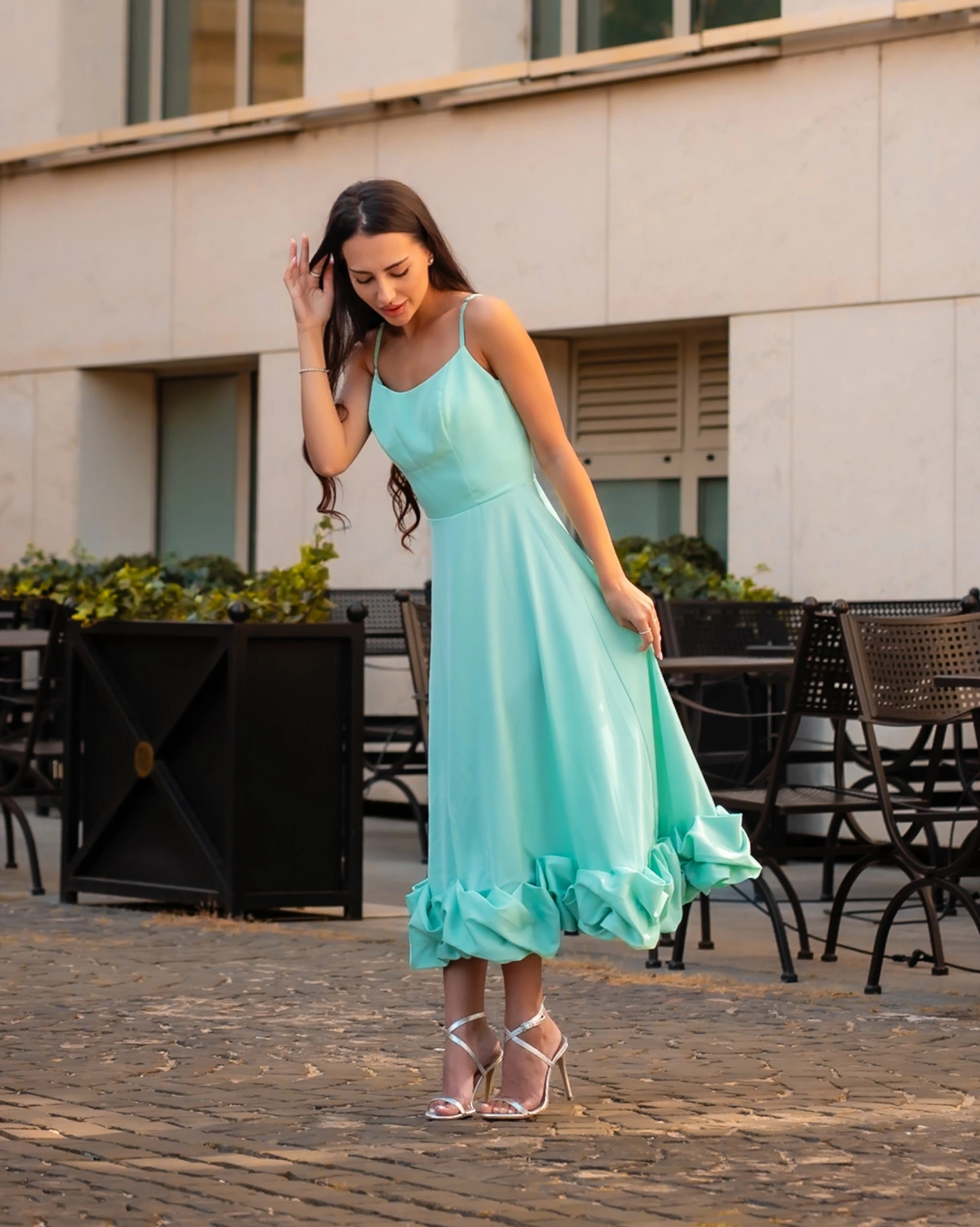 Rochie midi Juliana Mint bretele corset ajustabile