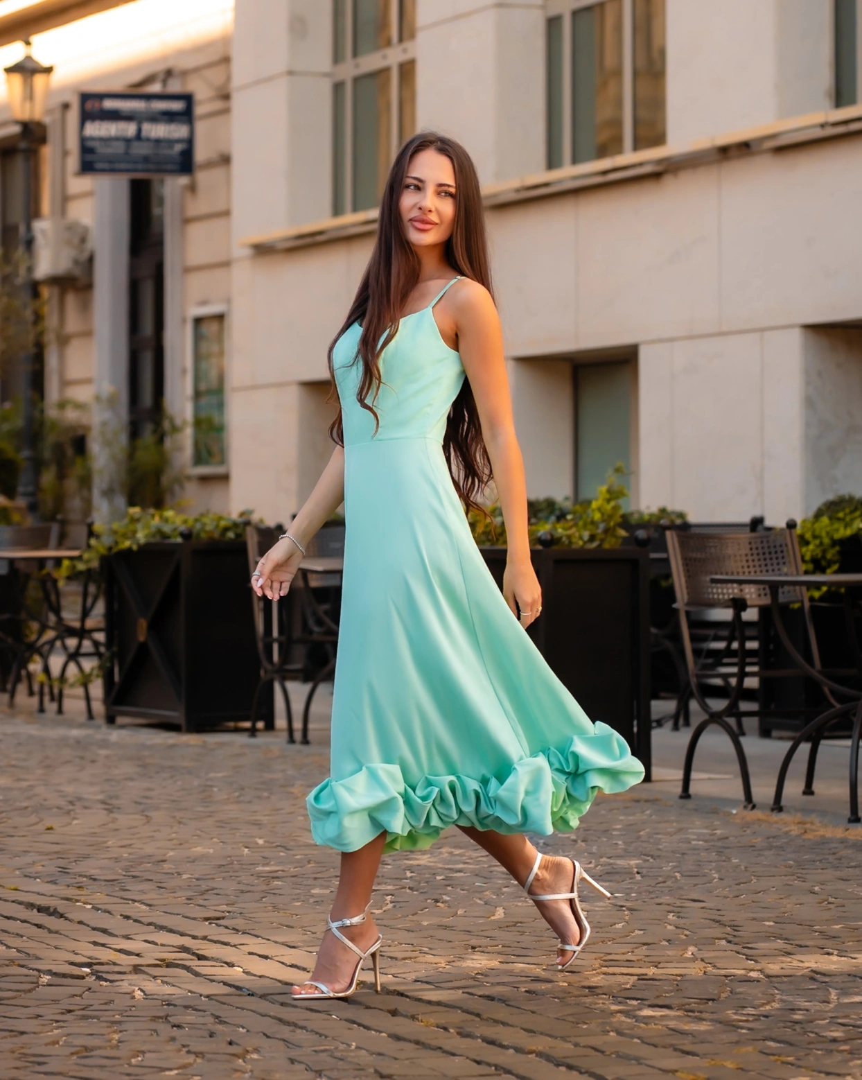 Rochie midi Juliana Mint bretele corset ajustabile