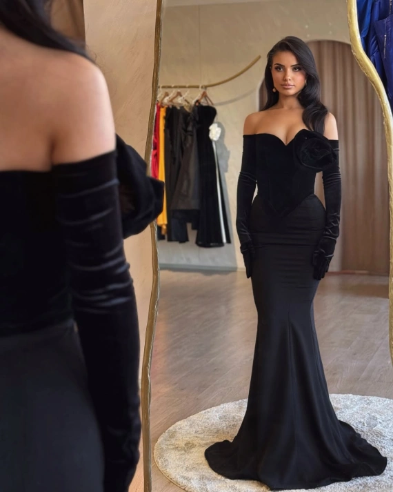 Rochie lunga Mia catifea din 2 piese floare neagra bust