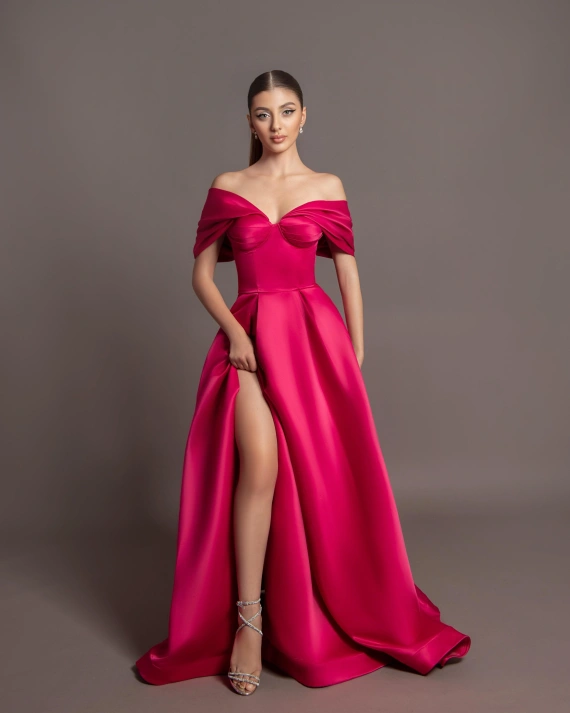 Rochie lunga Emi Fuchsia tafta fixa bust cupe