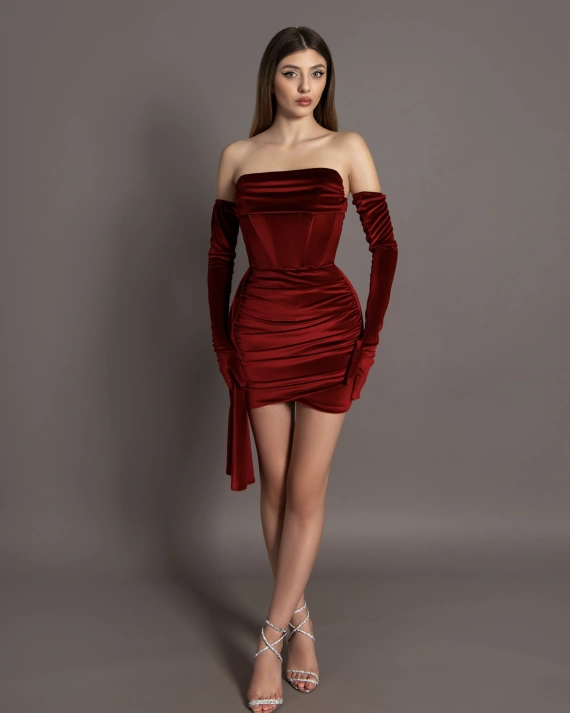 Rochie scurta Anna Grena catifea manusi asortate