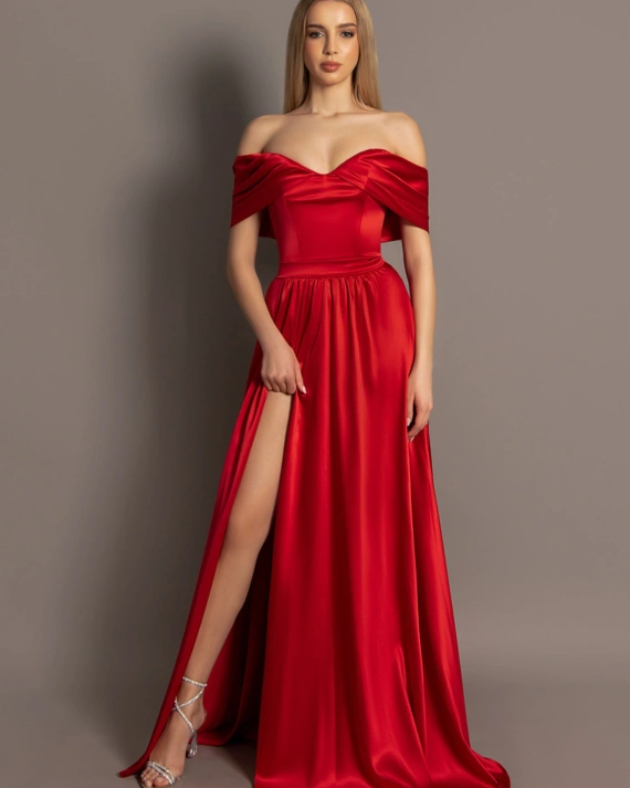 Rochie lunga Adele Rosu tafta elastica fermoar ascuns bust