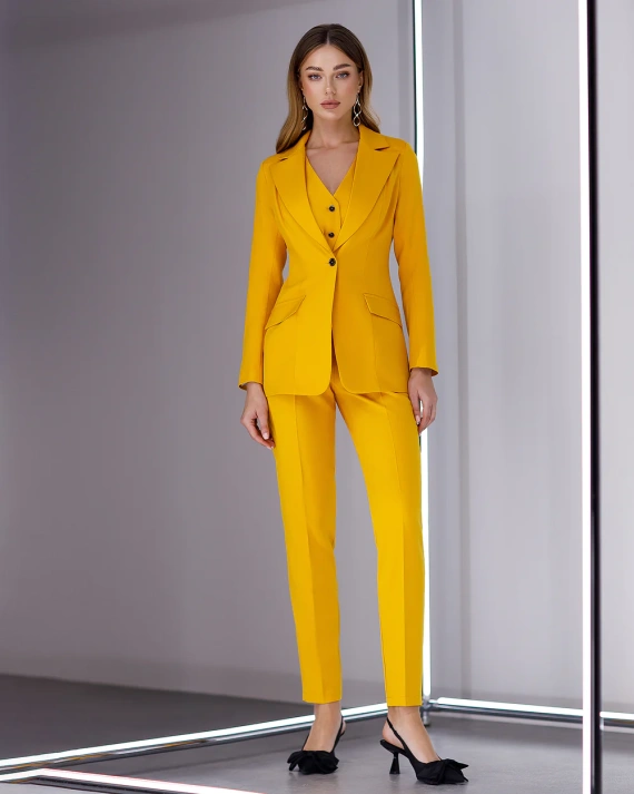 Costum Amelia Galben din 3 piese sacou vesta pantaloni cu buzunare OUTLET