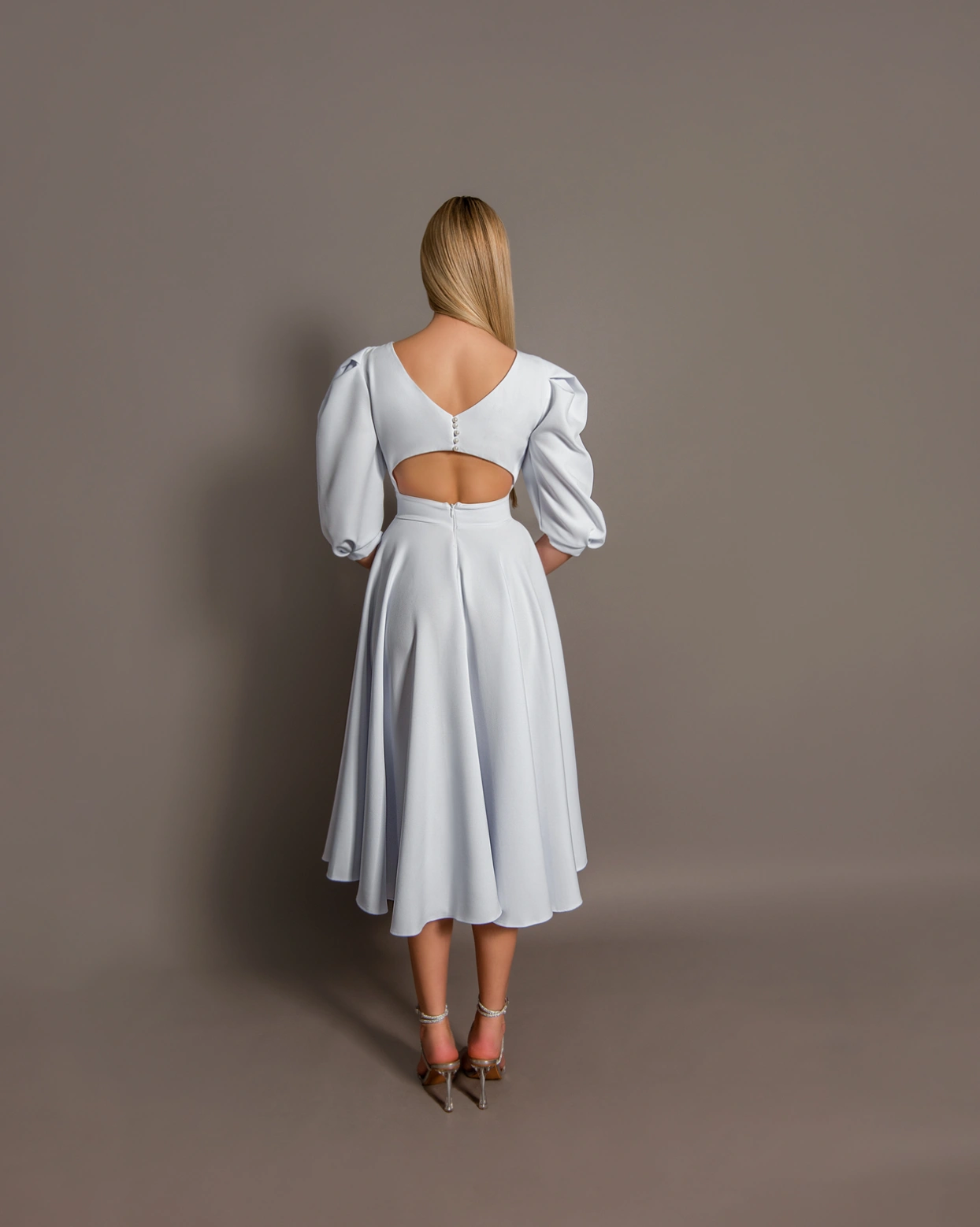 Rochie midi Elegance Alb stofa maneci bufante OUTLET