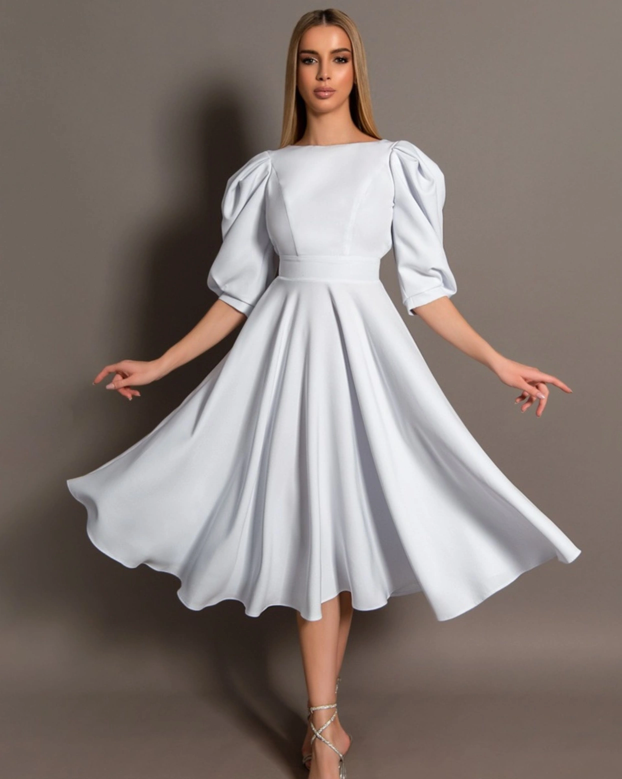 Rochie midi Elegance Alb stofa maneci bufante OUTLET