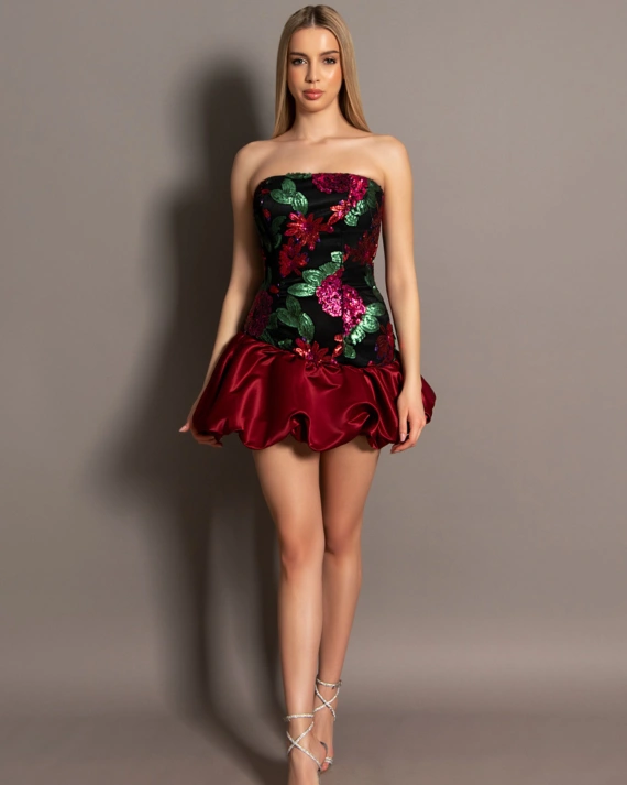 Rochia Muse Floral Grena tafta inseratii paiete bust