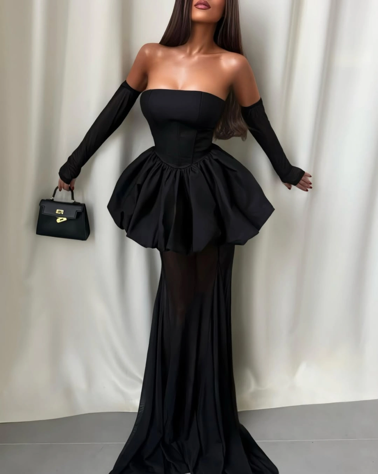 Rochie lunga eleganta Noire cu volum Rochie lunga eleganta Noire cu volum