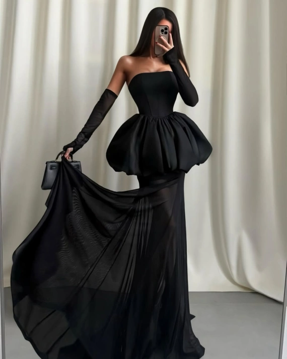 Rochie lunga eleganta Noire cu volum 