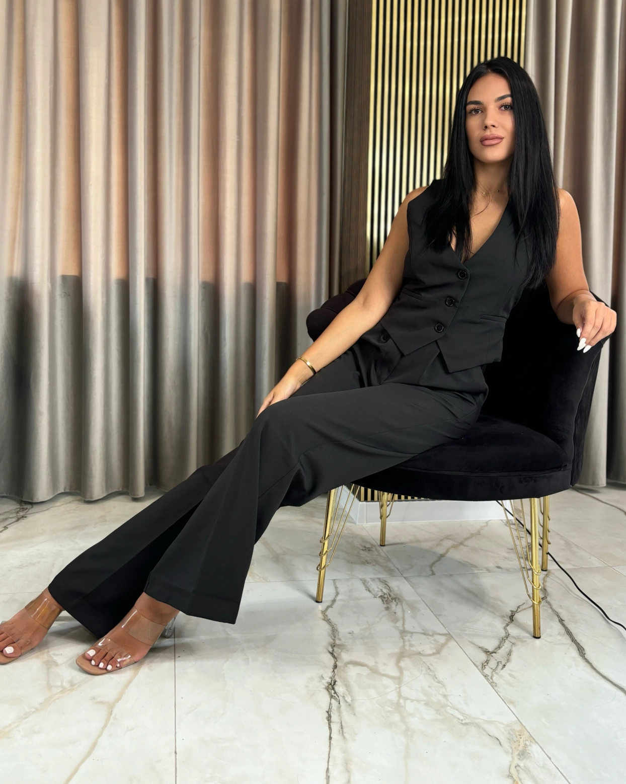 Costum Riviera Negru 2 piese vesta si pantaloni cu buzunare