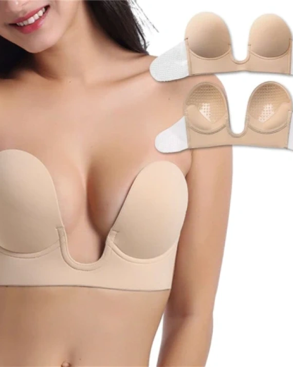 Sutien Push-up Invizibil cu Decolteu Adanc, Fara Bretele, Crem