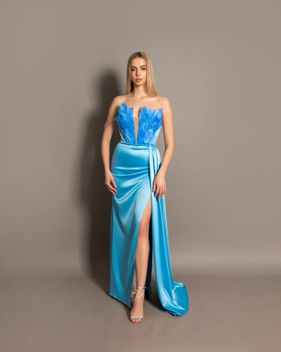 Rochie lunga Valeria Bleu tafta elastica cambrata pene naturale OUTLET