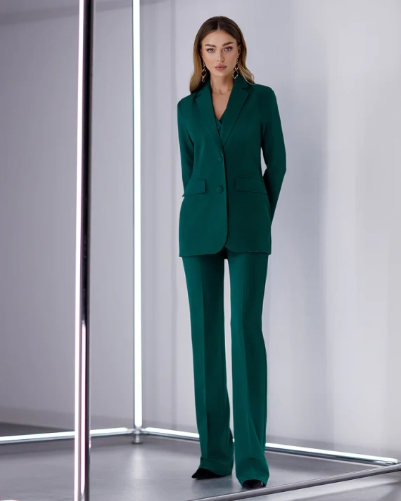 Costum Arya Verde 3 piese sacou vesta pantaloni cu buzunare