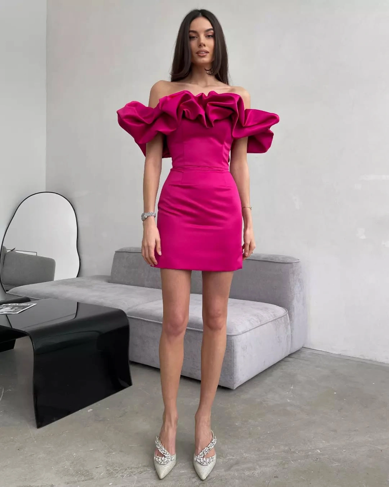 Rochie mini Julia Fuchsia tafta elastica cambrata