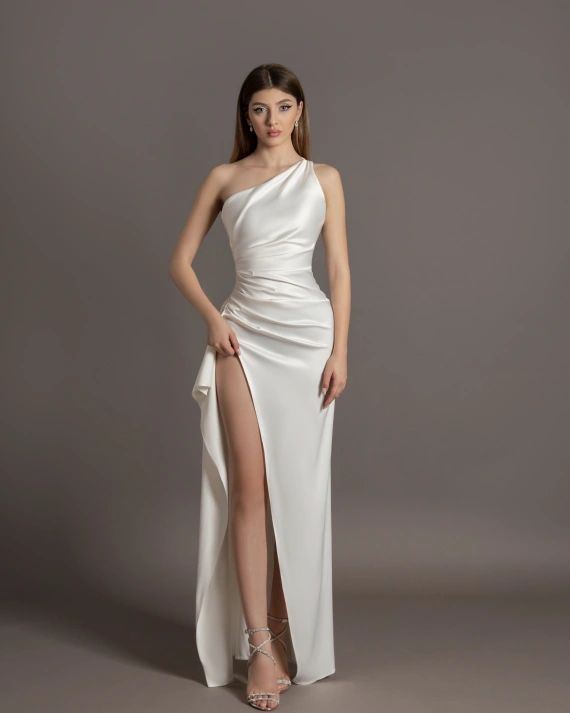 Rochie lunga Ariel Alb tafta elastica mulata satinata