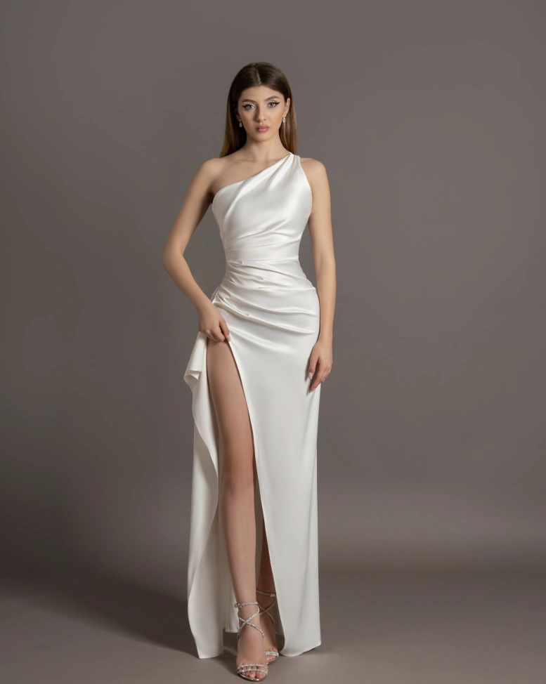 Rochie lunga Ariel Alb tafta elastica mulata satinata