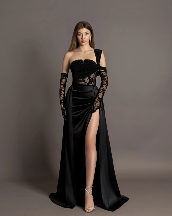 Rochie lunga Aurora Negru corset cu snur la spate