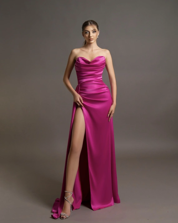 Rochie lunga Serin Fuchsia tafta elastica cambrata bust fermoar ascuns