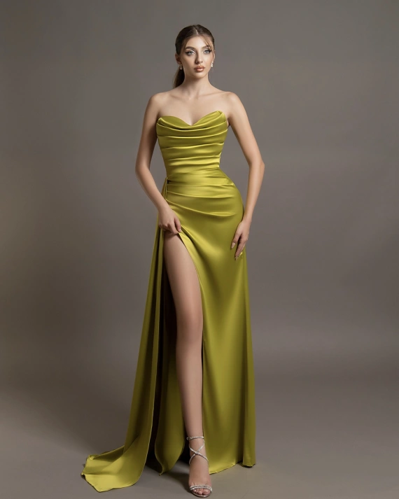 Rochie lunga Serin Lime tafta elastica cambrata bust fermoar ascuns